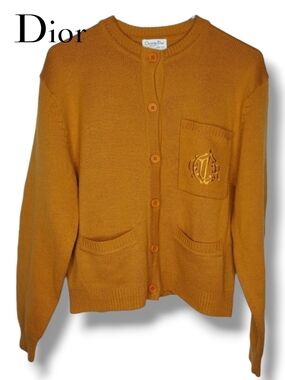 Dior Mustard Yellow Orange Knit Cardigan with Monogram Pocket Size Large
